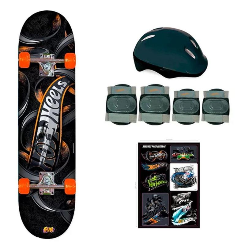 Skate-Hot-Wheels-Com-Acessorios-de-Seguranca-Preto---Fun-Divirta-se