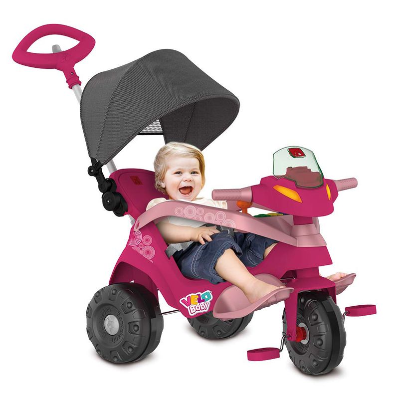 Triciclo-Velobaby-Reclinavel-Capota-Passeio-e-Pedal-Rosa---Bandeirante