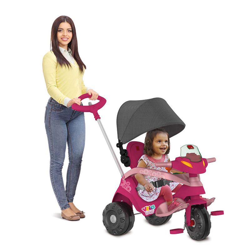 Triciclo-Velobaby-Reclinavel-Capota-Passeio-e-Pedal-Rosa---Bandeirante