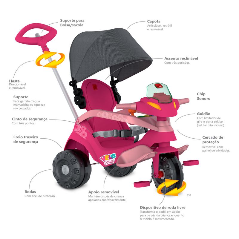 Triciclo-Velobaby-Reclinavel-Capota-Passeio-e-Pedal-Rosa---Bandeirante